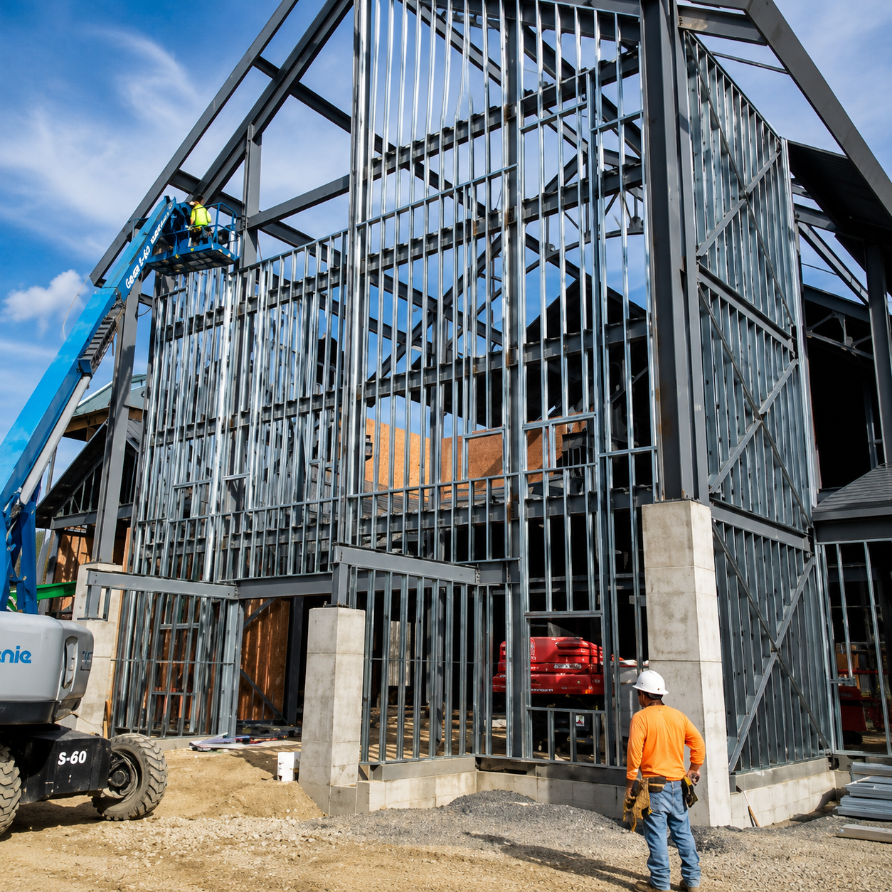 Metal stud framing on a commercial construction site