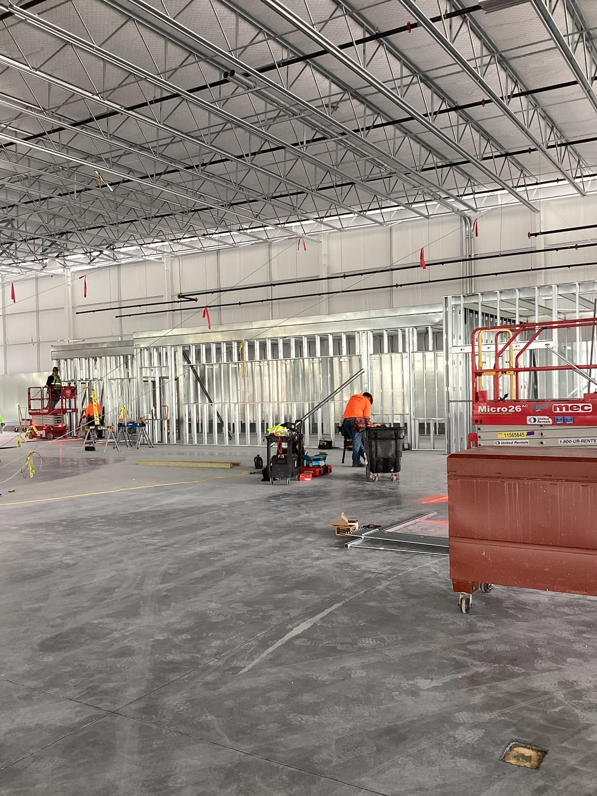 Crew installing interior metal stud framing at the Costco warehouse