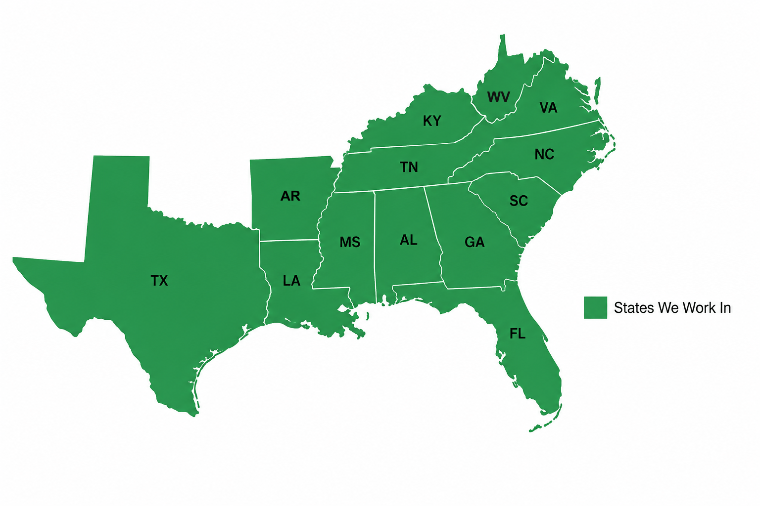 Map of the 13 Southeastern and Gulf Coast states where Premier Construction Services works: Texas, Arkansas, Louisiana, Mississippi, Alabama, Georgia, Florida, South Carolina, North Carolina, Tennessee, Kentucky, Virginia and West Virginia